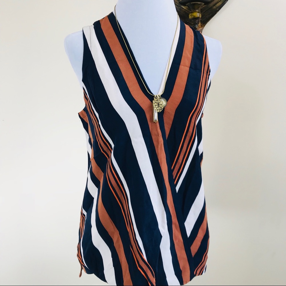 TopShop Draped Sleeveless Striped Navy/Camel Top - Picture 3 of 8
